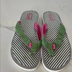 Keds Black and White Striped Flip Flops with Pink Accents